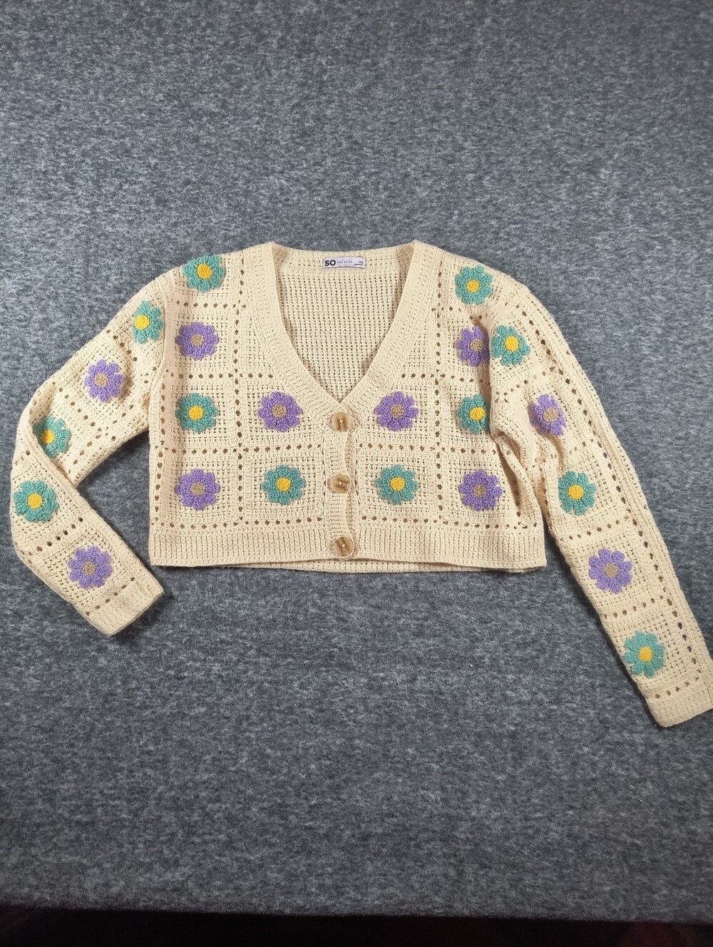 SO flower knit cropped oversized sweater, women's XS